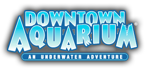 A logo for downtown aquarium underwater adventure.