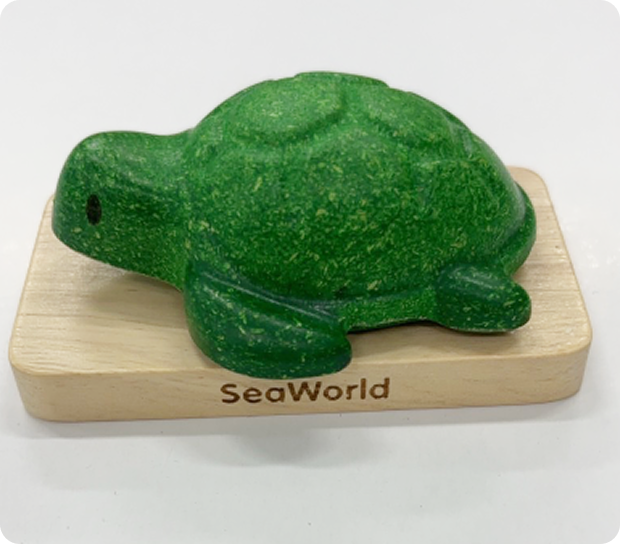 SWTurtle A green turtle on top of a wooden block.