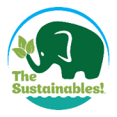 A green elephant with leaves on its trunk inside a circle. Text reads "The Sustainables!" with a blue wave symbol below.