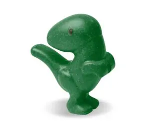 A green dinosaur is standing up and it's head down.