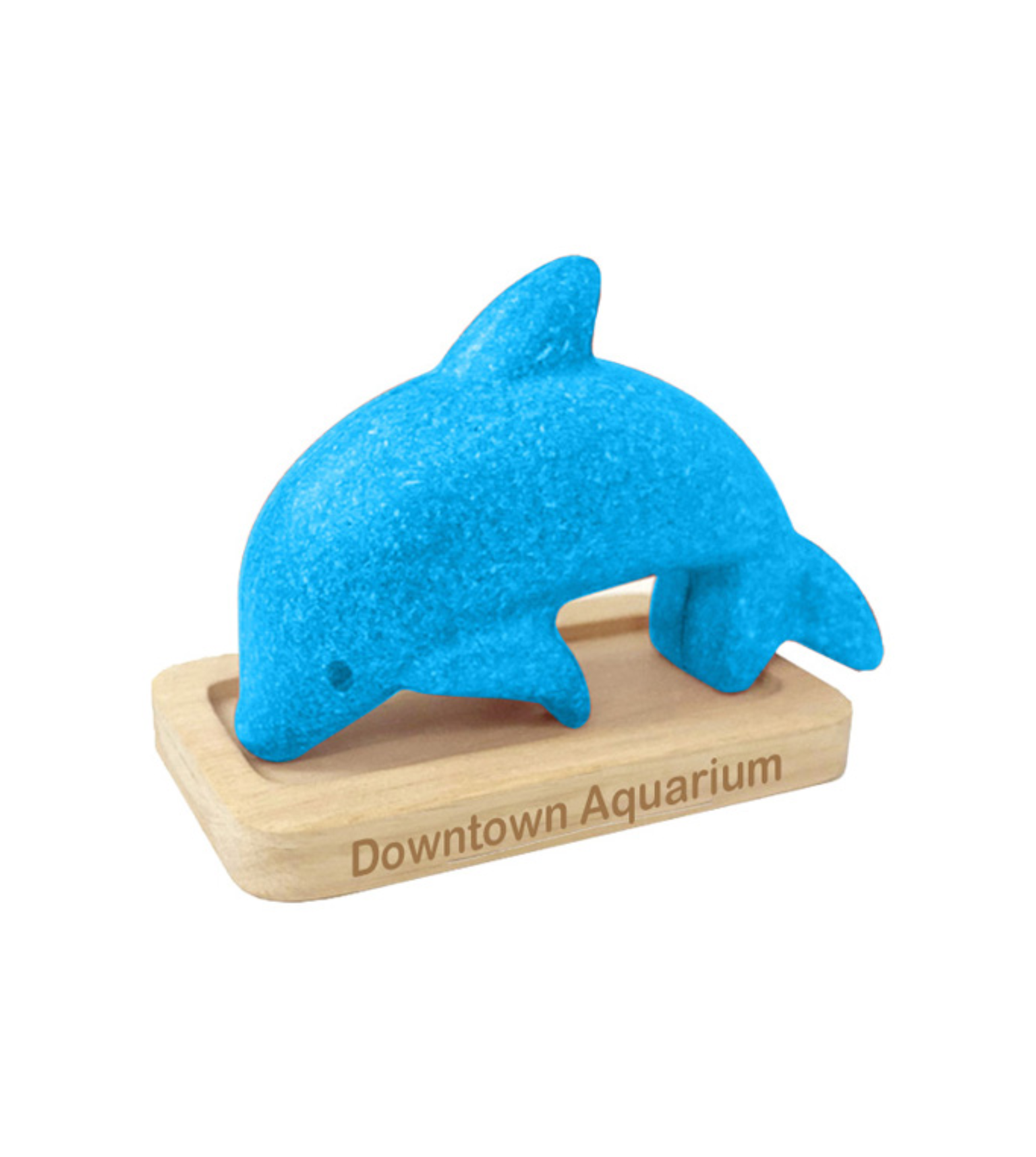 A blue dolphin is standing on the wooden stand.