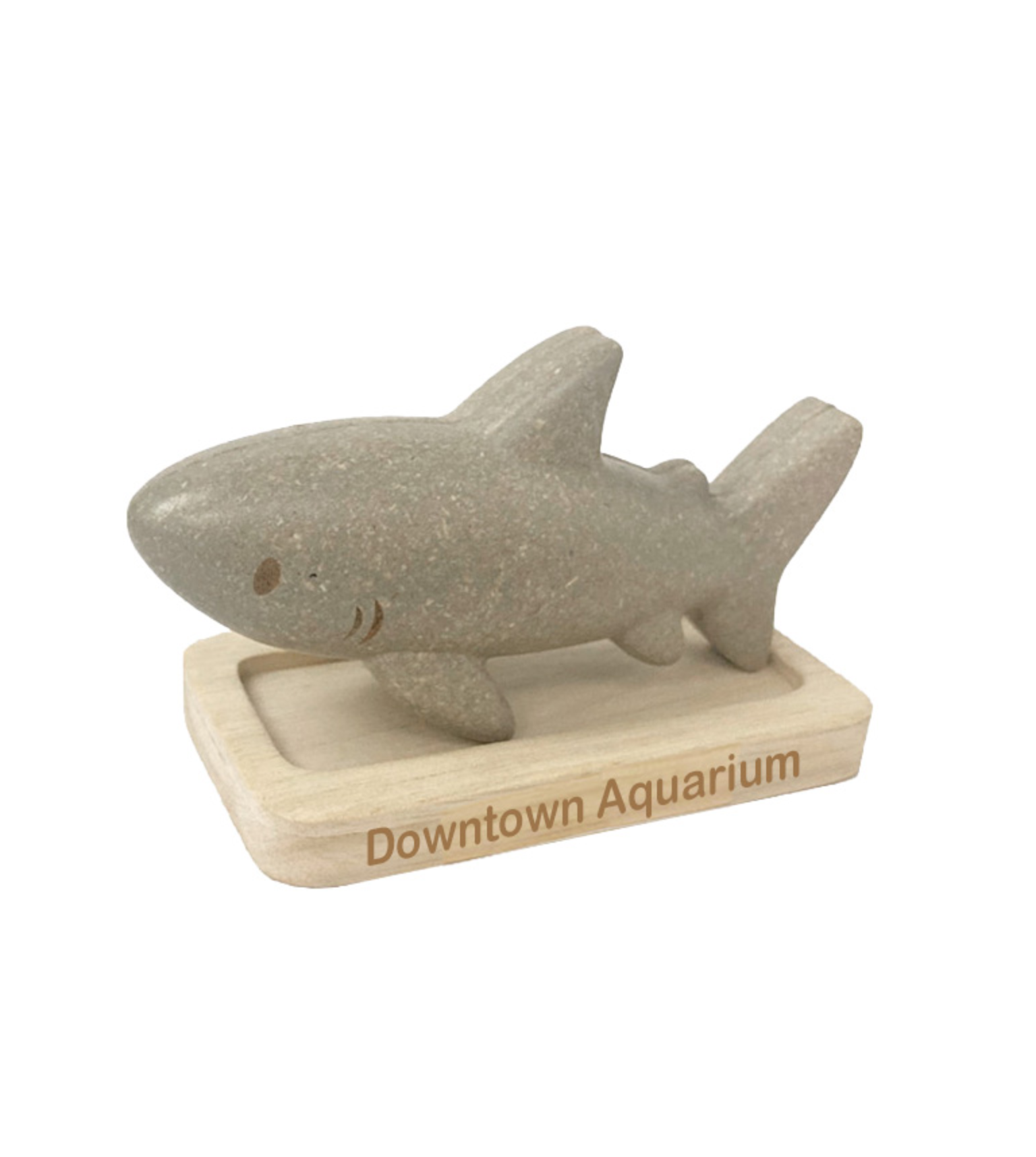 A toy shark is shown on the ground.