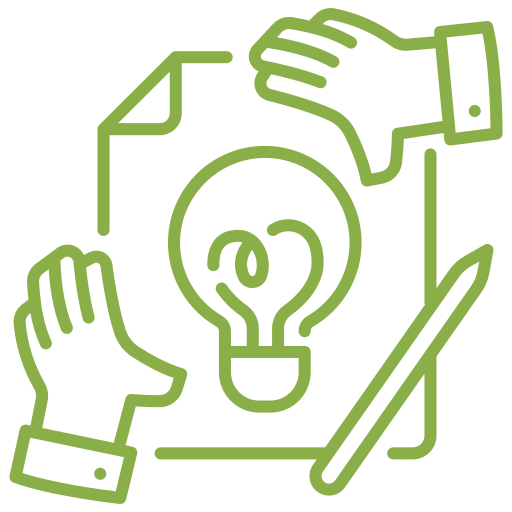 Custom-Colors-and-Branding.png Green outline of two hands around a sheet with a lightbulb and a pencil, symbolizing creative ideas and collaboration.