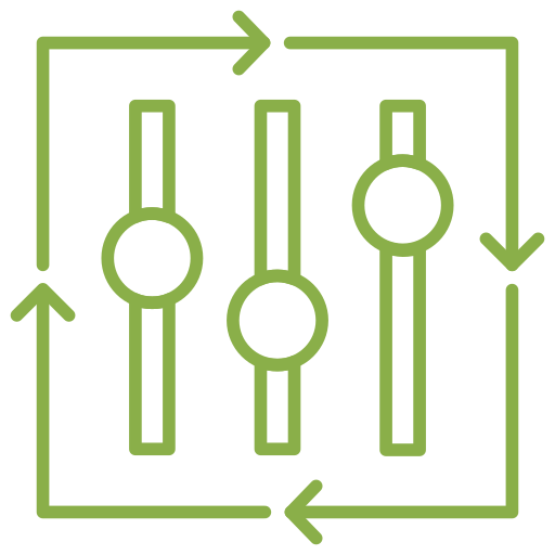 Customizable.png Three vertical sliders with arrows forming a loop around them, symbolizing adjustment and control.