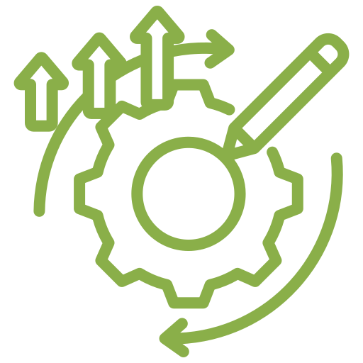 Efficiently-Designed.png Green icon of a gear with a magnifying glass, pencil, arrows, and circular arrows, symbolizing process improvement or optimization.