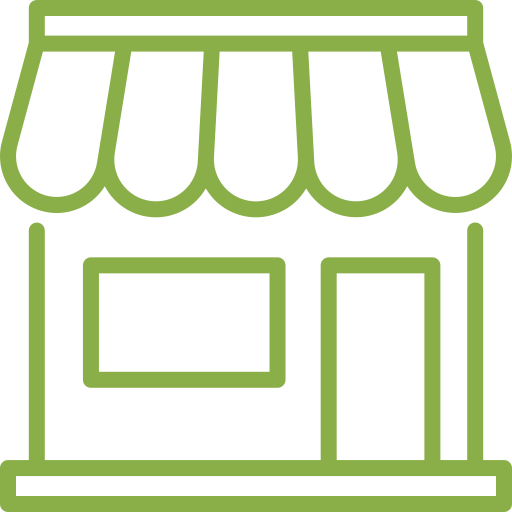 Flexible-Retail-Options.png Green outline icon of a small storefront with a striped awning, a rectangular sign, and a door.