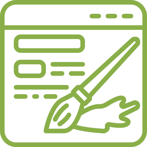 paint.png Green outline illustration of a web design interface, featuring a paintbrush positioned diagonally across a webpage layout with text and form elements.