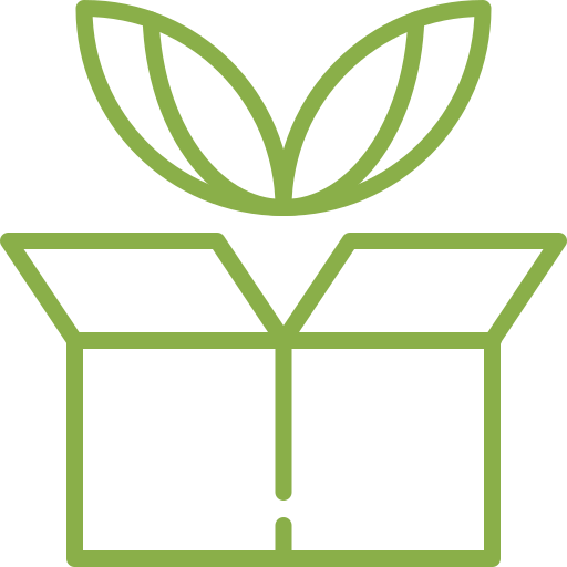 sustainable.png Minimalist green line art of a box with plant leaves emerging from it, symbolizing eco-friendly packaging or sustainable growth.